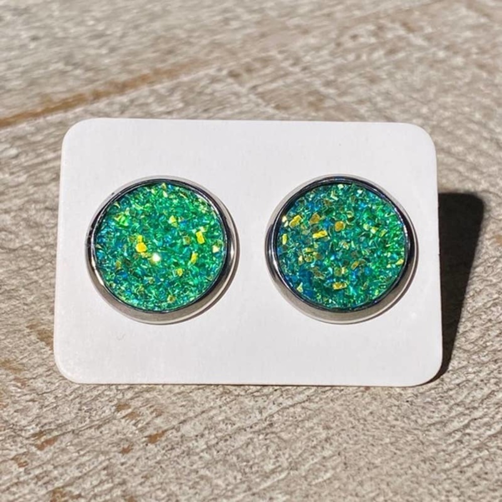 5/$25 Green Druzy Silver Studs Earrings 8mm DRUSY
